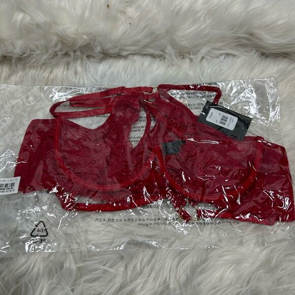 Frederick's of Hollywood Red Lace Bra & Panty Set NWT Crotchless Cheeky Lingerie - Picture 7 of 11